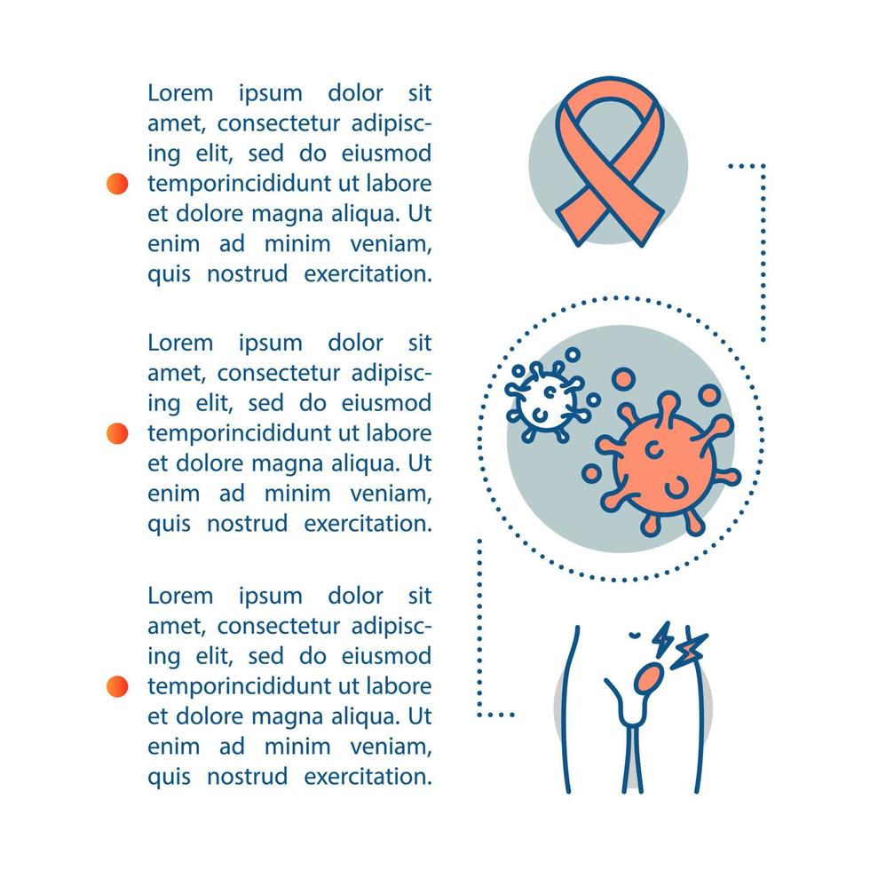 Cancer article page vector template. Oncology. Prostate cancer awareness. Brochure, magazine, booklet design element with linear icons, text boxes. Print design. Concept illustrations with text space