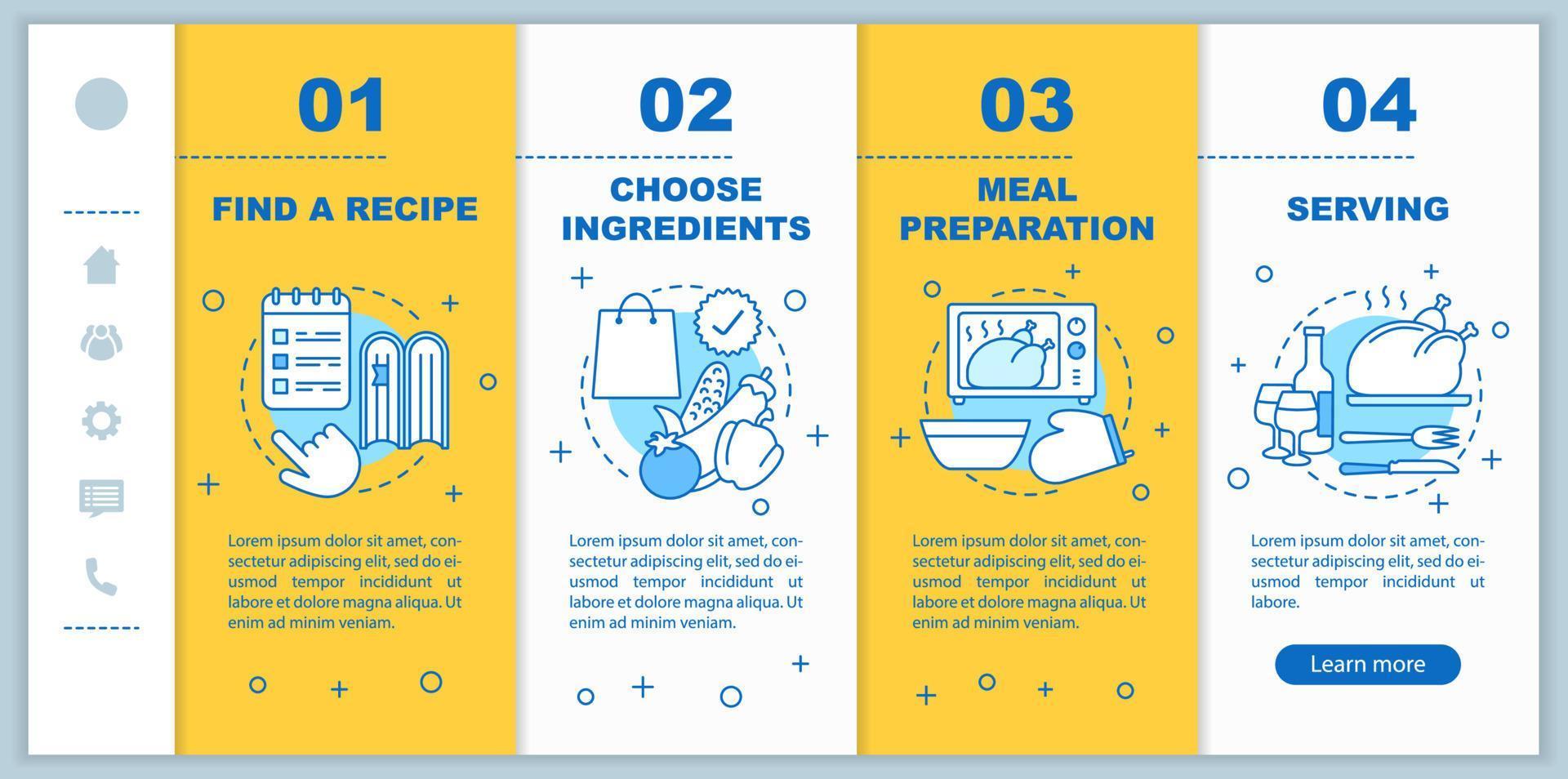 plantilla de vector de páginas web móviles de incorporación de cena de vacaciones. elegir recetas, ingredientes, preparación de alimentos, servir. interfaz de sitio web de teléfono inteligente sensible. Concepto de pantallas de paso de tutorial de página web