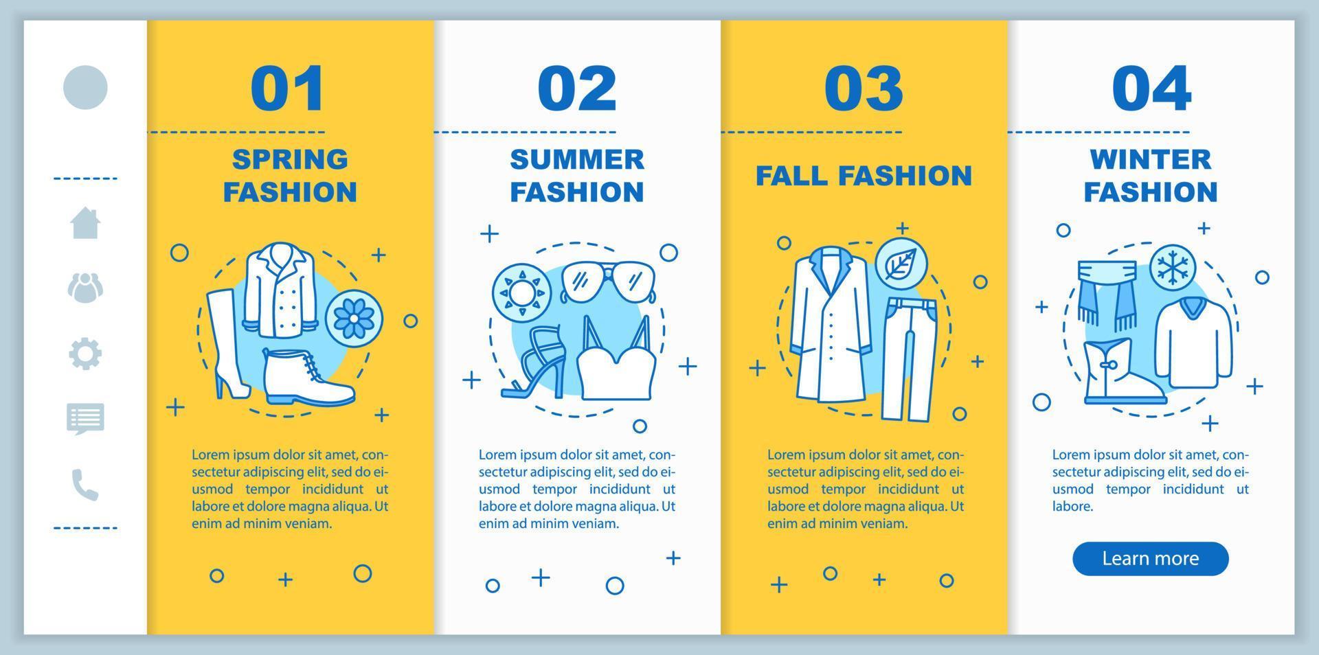Fashion collections onboarding mobile web pages vector template. Fall, winer, spring, summer outfit. Responsive smartphone website interface. Webpage walkthrough step screens. Color concept