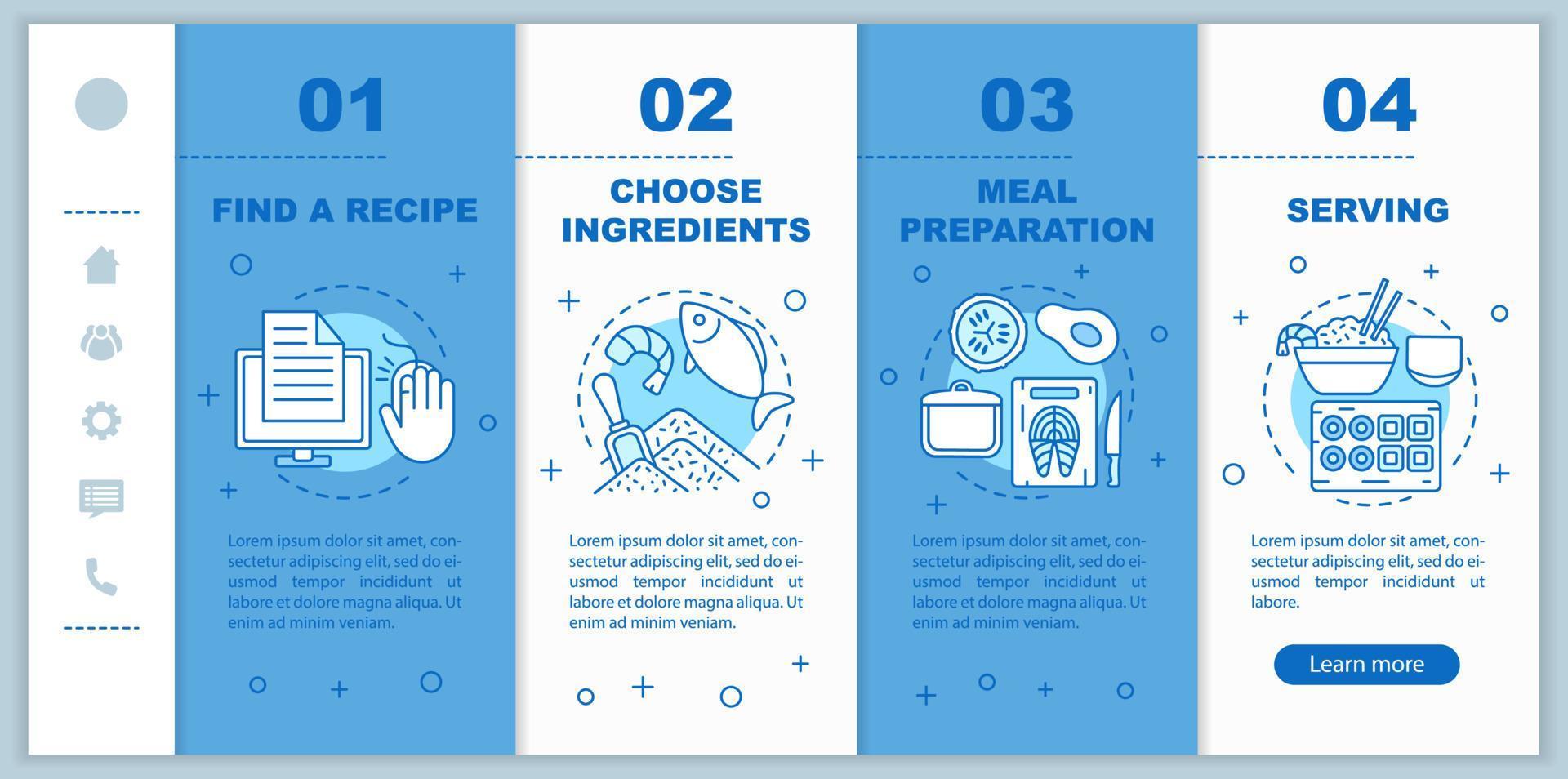Chinese restaurant onboarding mobile web pages vector template. Responsive smartphone website interface. Choosing recipes, ingredients, food preparation, serving. Webpage walkthrough step screens