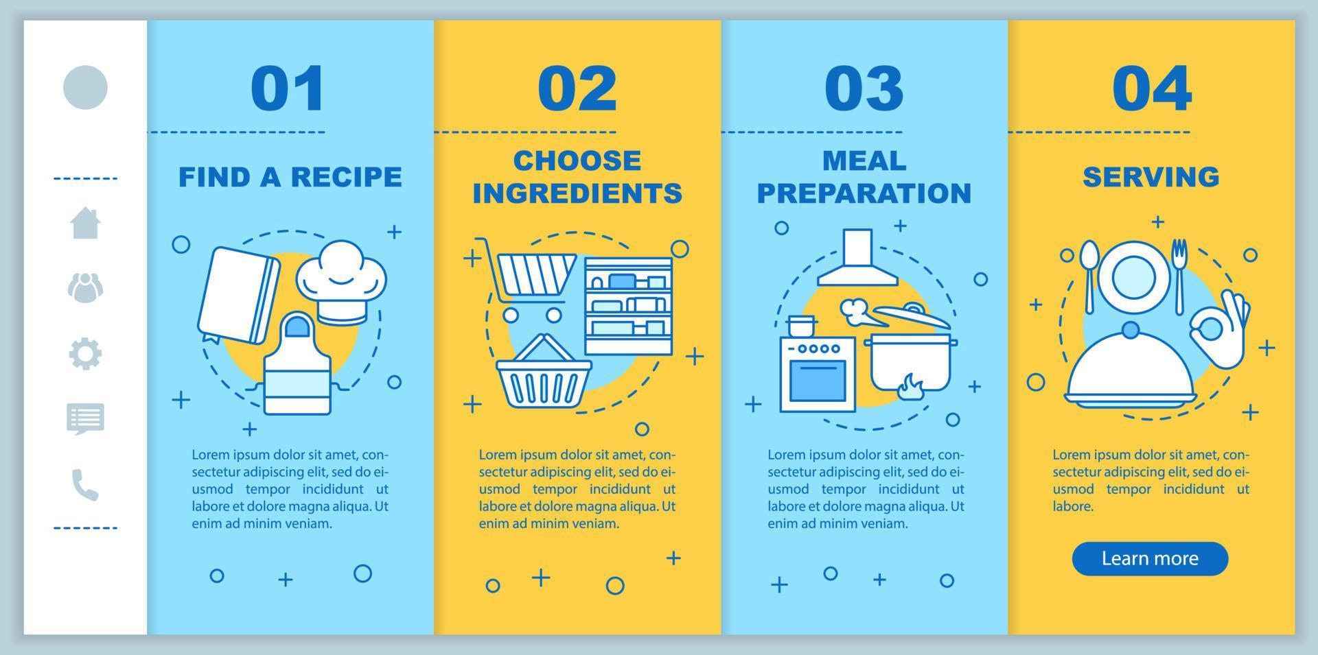 Cooking onboarding mobile web pages vector template. Choosing recipes, ingredients, food preparation, serving. Responsive smartphone website interface. Webpage walkthrough step screens. Color concept