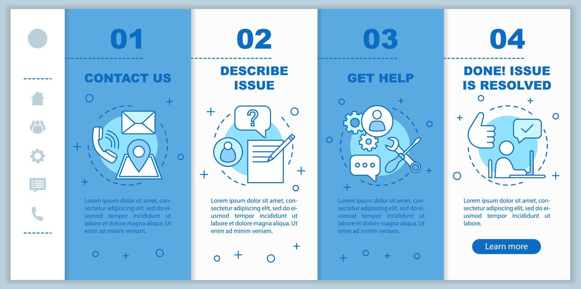 Customer support onboarding mobile web pages vector template. Customer service. Client manger. Infocenter. Responsive smartphone website interface. Webpage walkthrough step screens. Color concept