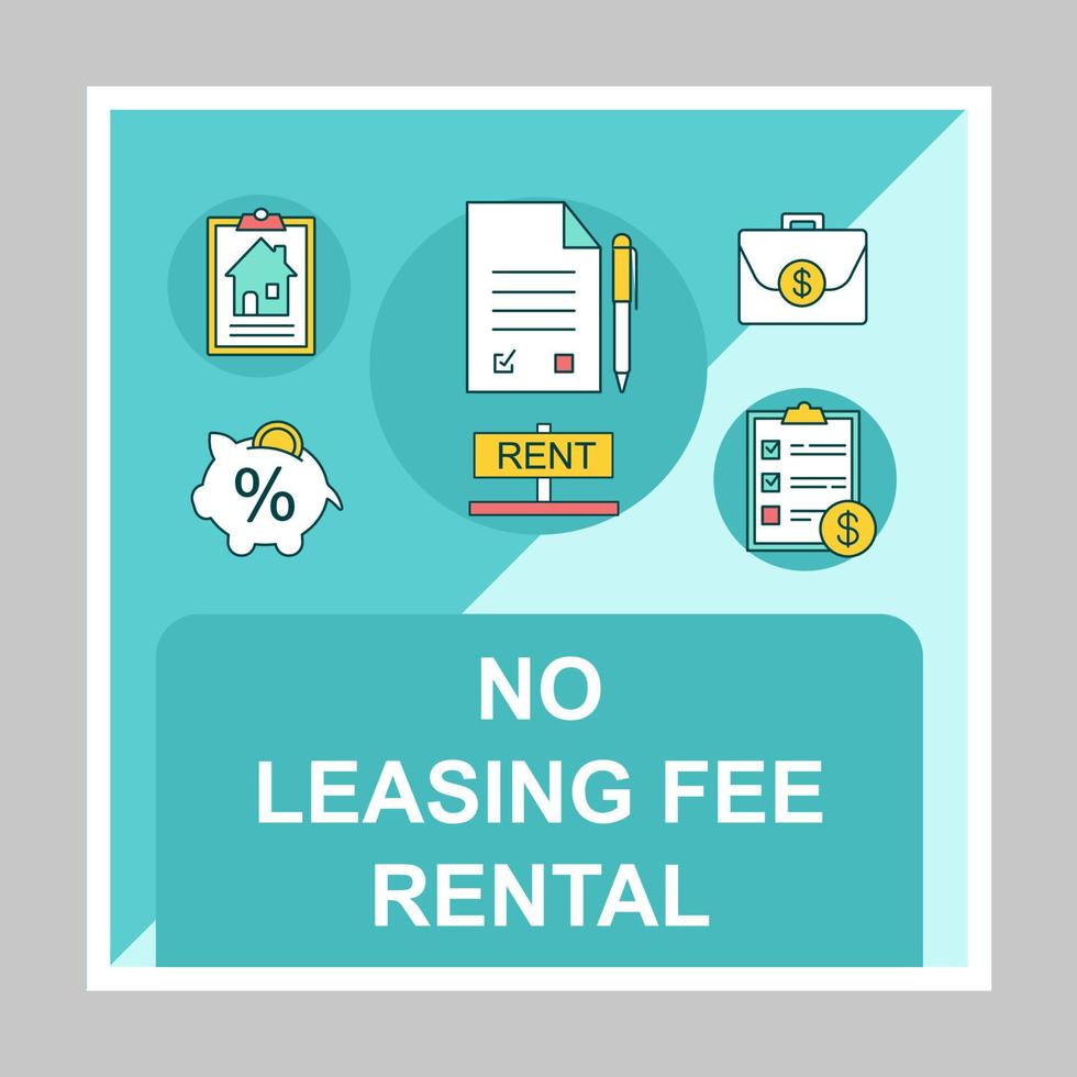 No leasing fee rental social media posts mockup. Realty. Advertising web banner design template. Social media booster, content layout. Isolated promotion border, frame with headlines, linear icons vector