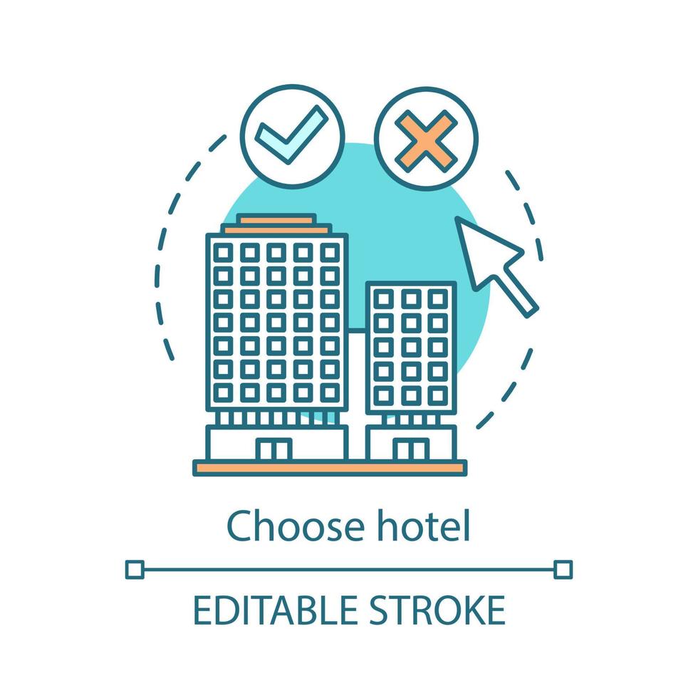 Choose hotel concept icon. Property rental, apartment reservation. Booking hostel, dormitory idea thin line illustration. Vector isolated outline drawing. Editable stroke