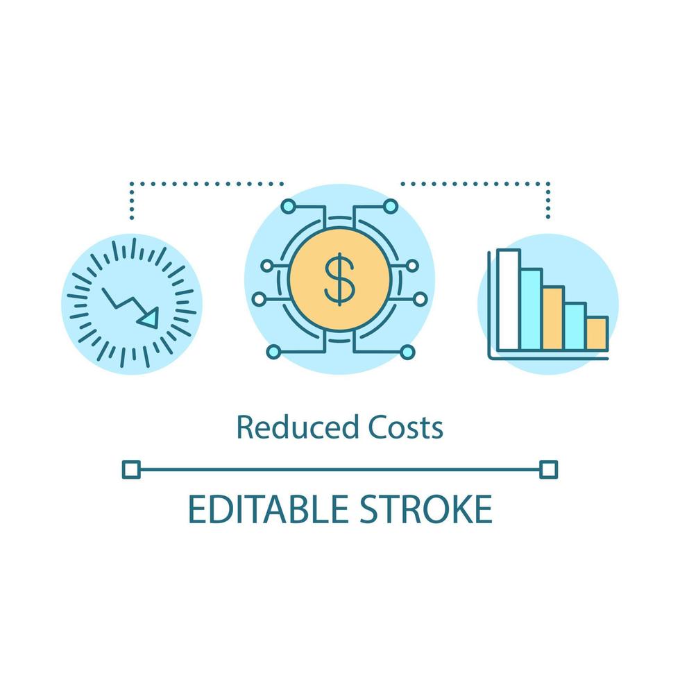 Reduced costs technologies concept icon. Descending trend chart. Down arrow. Strategy of saving money idea thin line illustration. Vector isolated outline drawing. Editable stroke