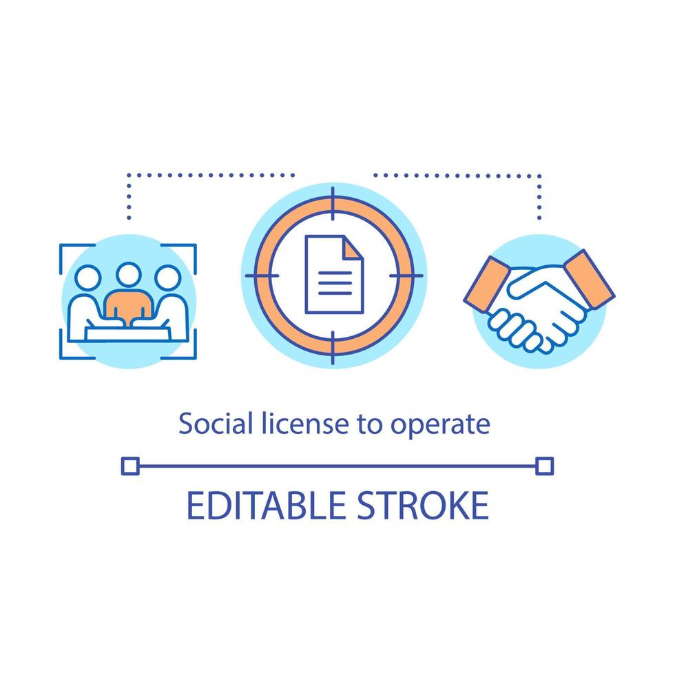 Social licence to operate concept icon. SLO idea thin line illustration. Corporate accountability, responsibility. Agreement, deal, negotiation.. Vector isolated outline drawing. Editable stroke