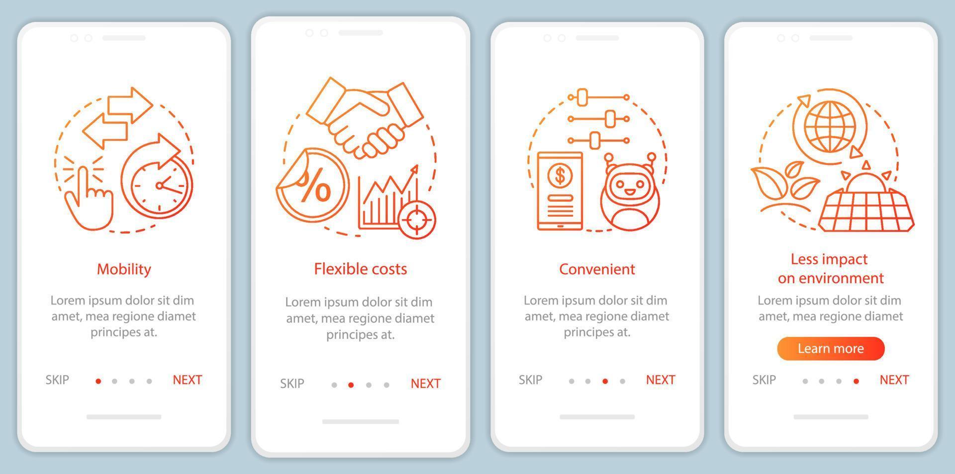 ventajas al incorporar la pantalla de la página de la aplicación móvil con conceptos lineales. movilidad, gastos, instrucciones gráficas prácticas, paso a paso ecológico. ux, ui, plantilla vectorial gui con ilustraciones vector