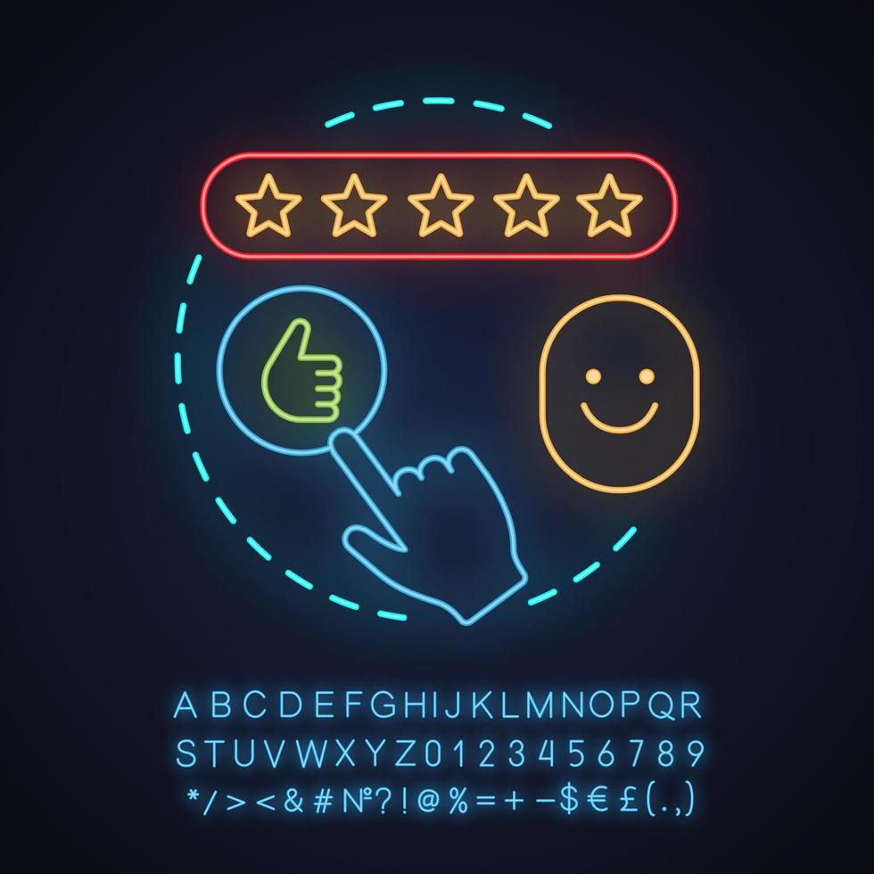 Customer feedback and rating neon light concept icon. Ranking idea. Client review. Thumbs up click. Glowing sign with alphabet, numbers and symbols. Vector isolated illustration