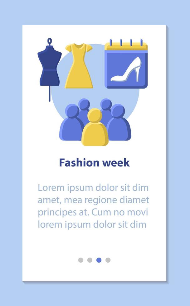 Fashion week mobile app page screen vector template. Showroom. Clothes design. New collection, fashion, runway show. Flat design website instructions. UX, UI, GUI smartphone interface cartoon concept