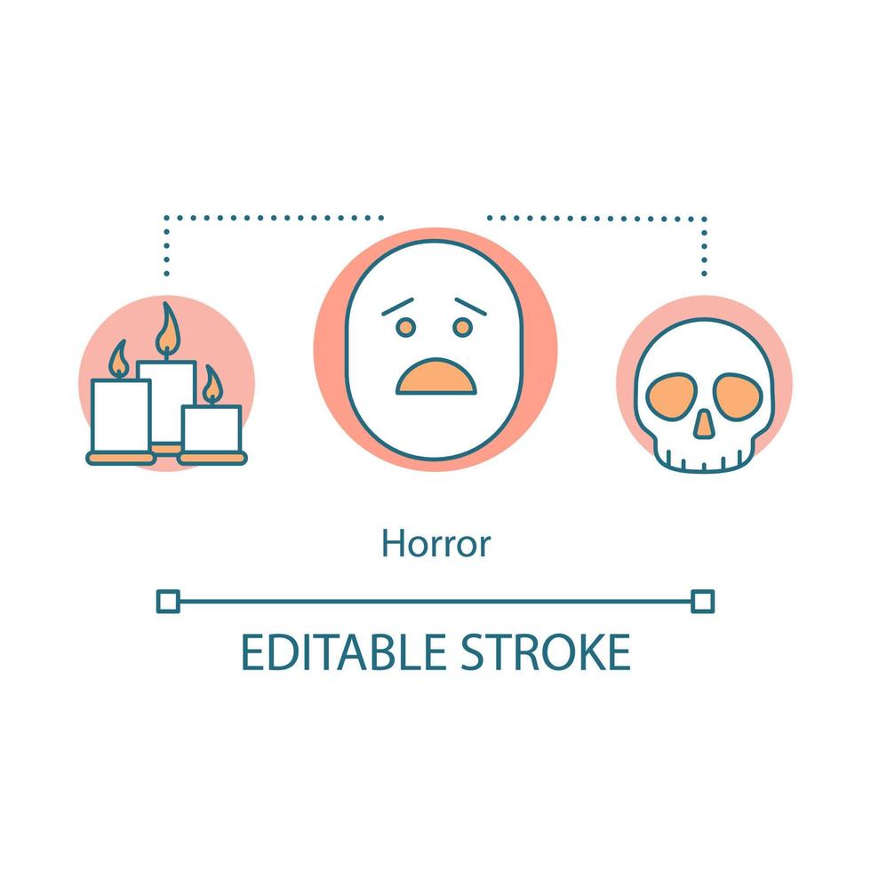 Horror emotion concept icon. Consternation idea thin line illustration. Scary movie. Skull and candles. Dangerous area. Mysterious. Terrible accident. Vector isolated outline drawing. Editable stroke