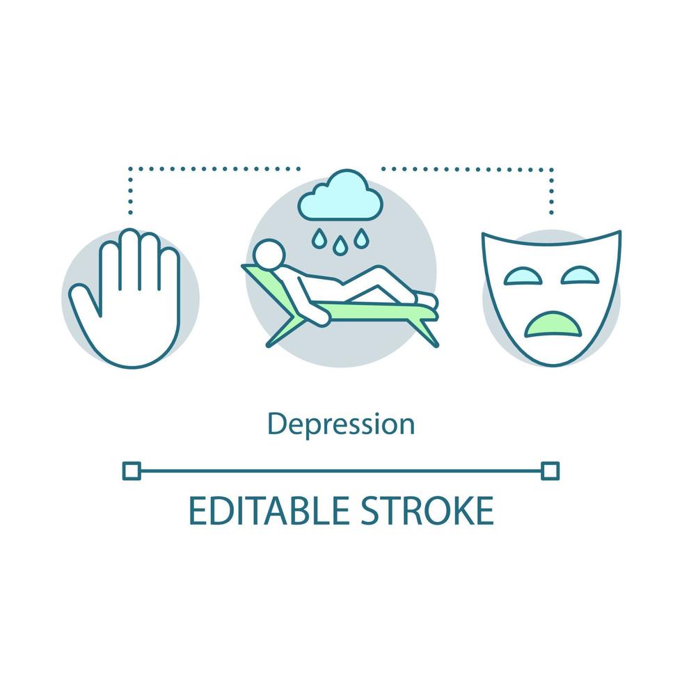 Depression concept icon. Sadness idea thin line illustration. Depressed mental state. Calm, worried person. Nervous tension. Anxiety and burnout. Vector isolated outline drawing. Editable stroke