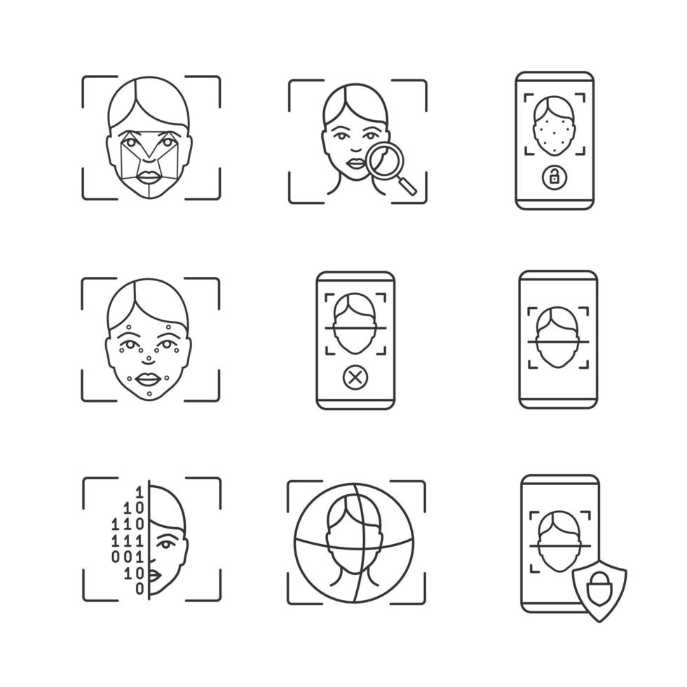 Facial recognition linear icons set. Thin line contour symbols. Faceprint analysis, face lock scanning, smartphone apps, 3d ID scanner. Isolated vector outline illustrations. Editable stroke