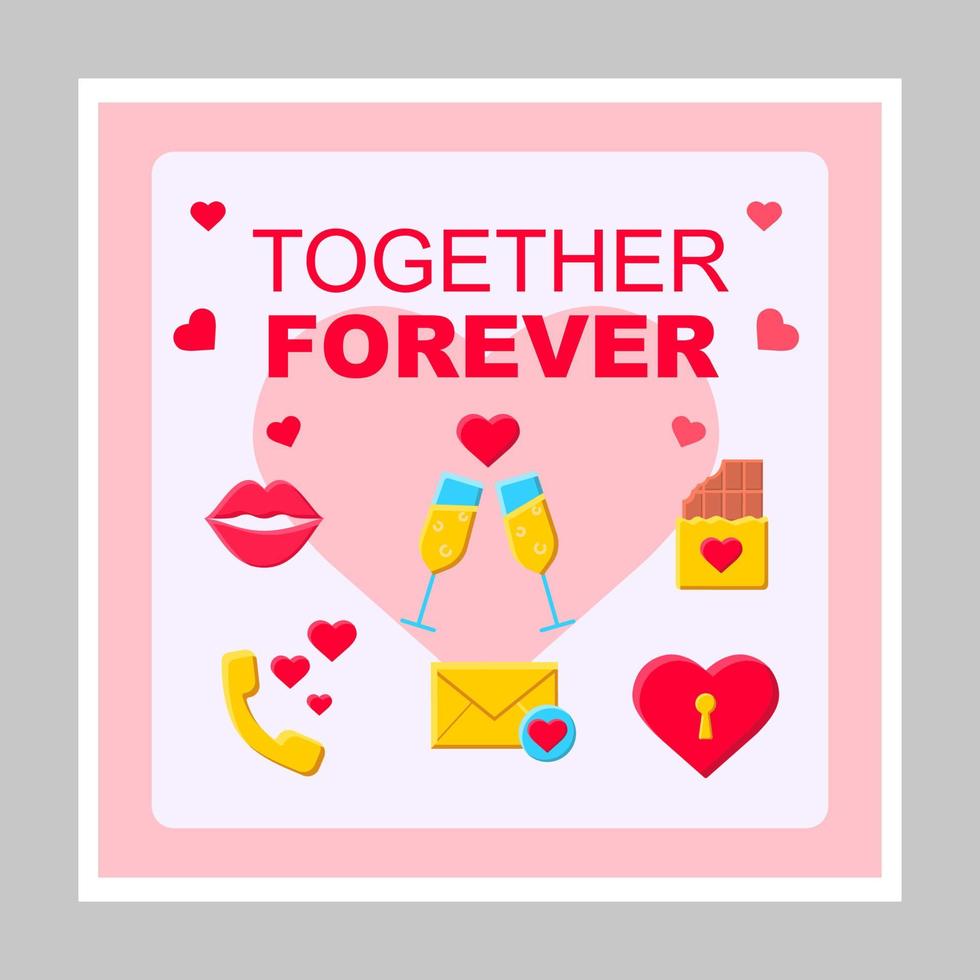 Together forever social media posts mockup. Love and dating. Advertising web banner design template. Social media booster, content layout. Isolated promotion border, frame with headlines, flat icons vector