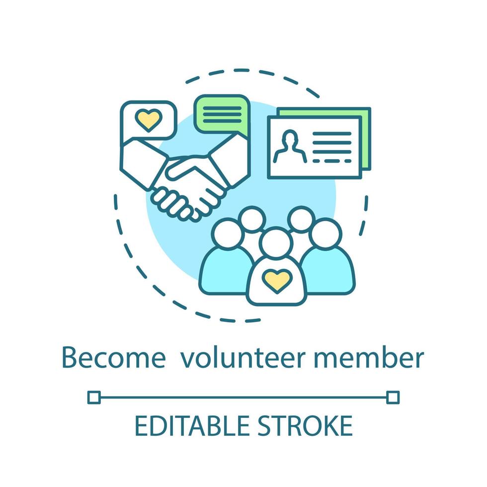 Become volunteer member concept icon. Volunteering agreement. Volunteer recruitment. Charity organization idea thin line illustration. Vector isolated outline drawing. Editable stroke