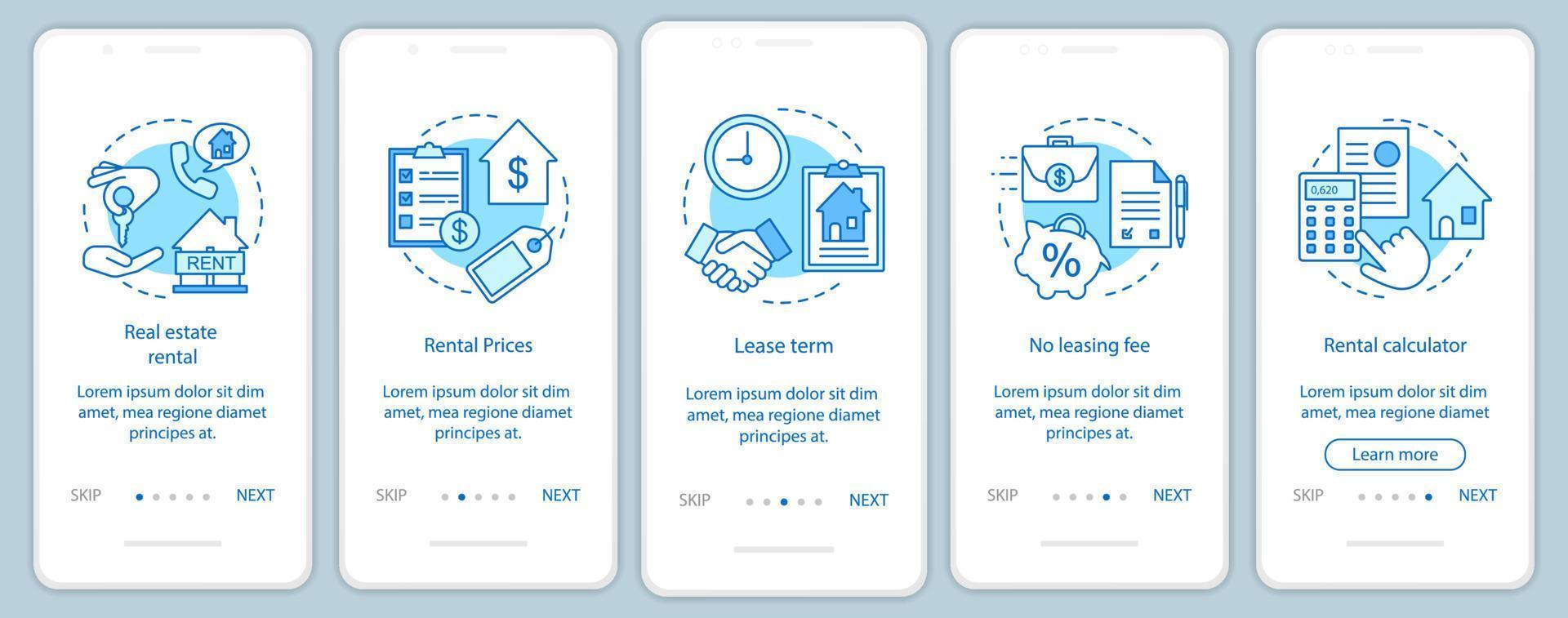 Property rental onboarding mobile app page screen with linear concepts. Choose housing type, price, term walkthrough steps graphic instructions. UX, UI, GUI vector template with illustrations