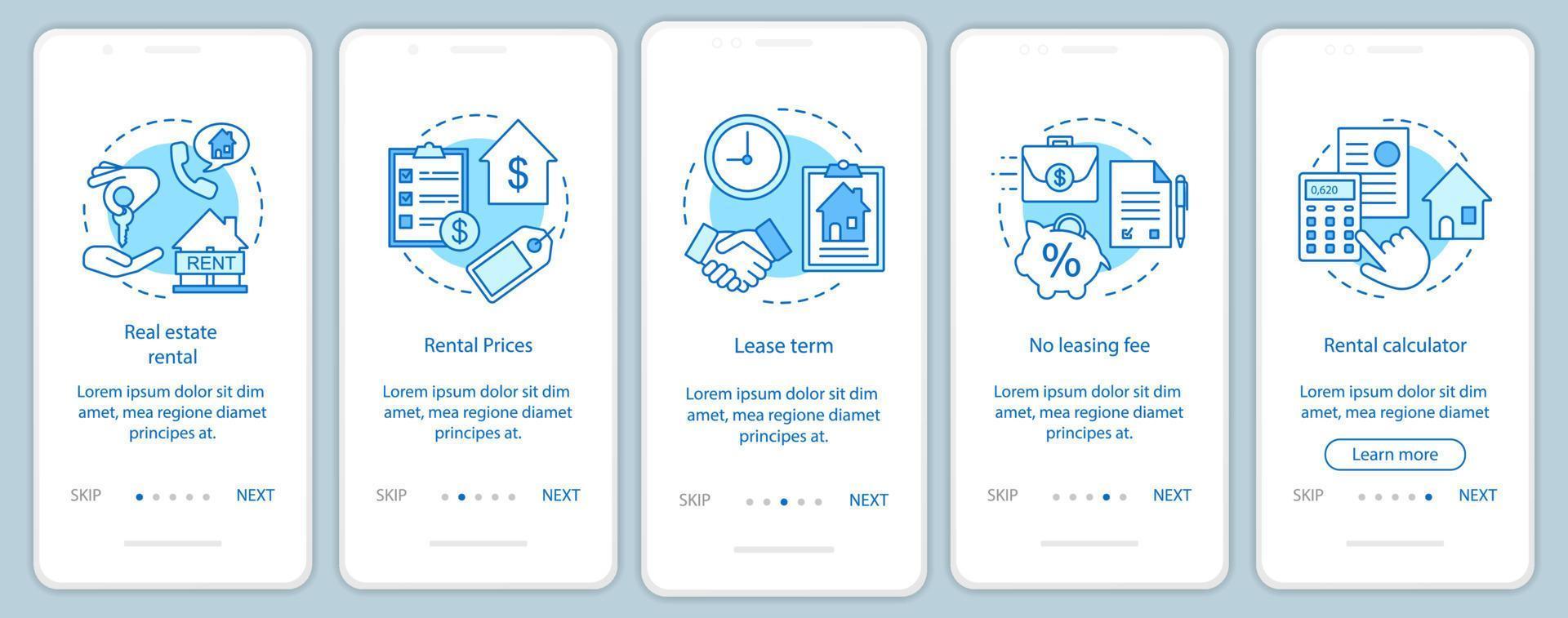 Property rental onboarding mobile app page screen with linear concepts. Choose housing type, price, term walkthrough steps graphic instructions. UX, UI, GUI vector template with illustrations