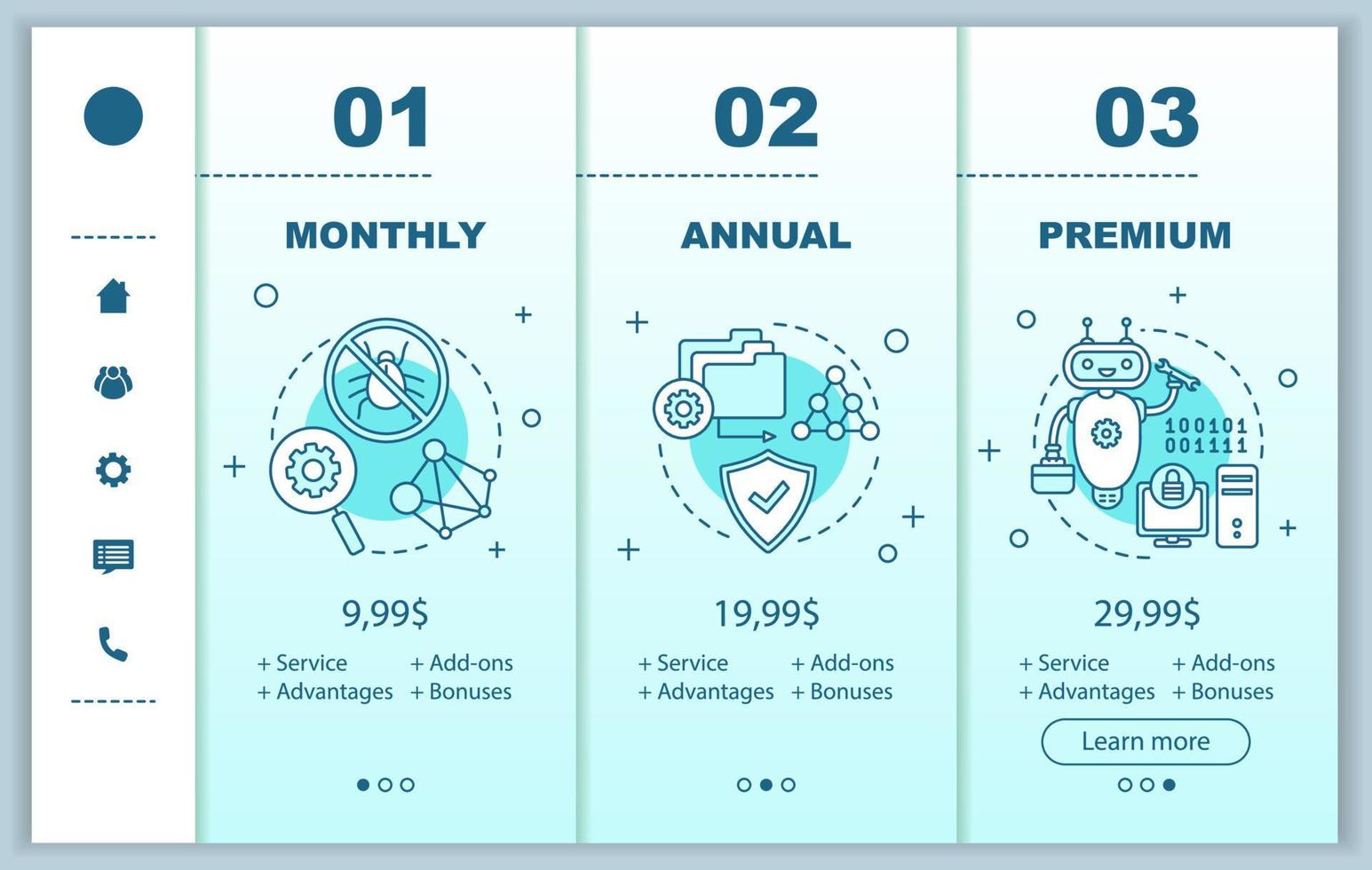 Antivirus software subscription fee onboarding mobile app screens with service prices. Walkthrough website pages templates. Spyware, anti malwre program tariff plans, rates steps. Smartphone payment vector