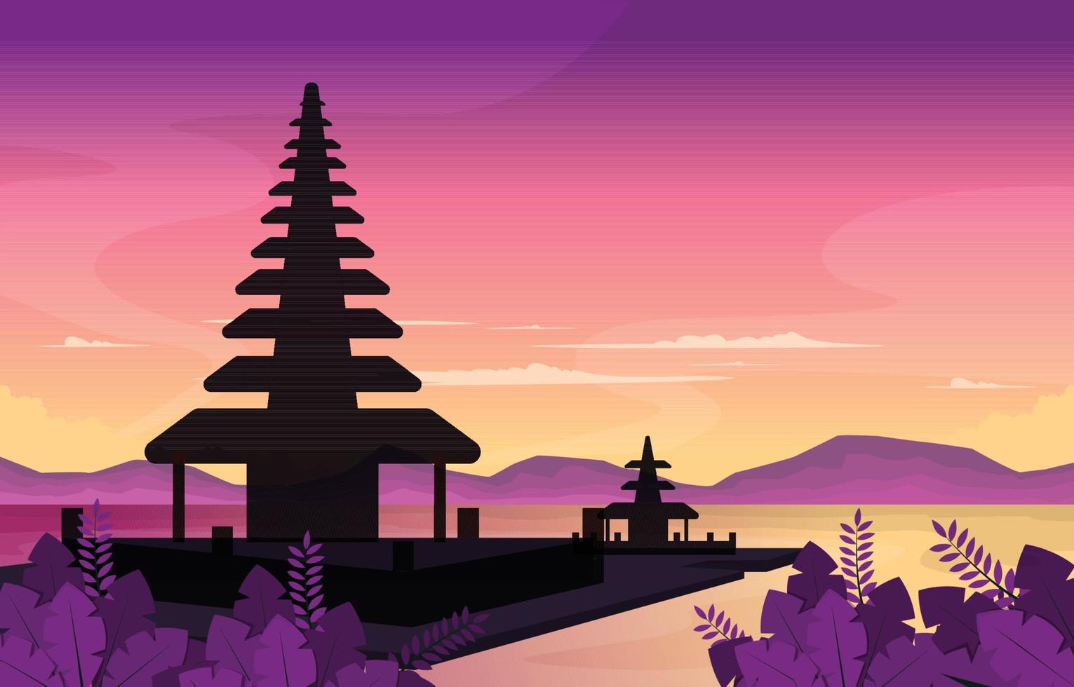 mar montaña templo beratan lago bedugul bali paisaje vista ilustración vector