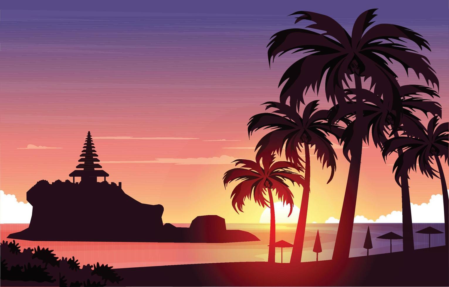 hermosa puesta de sol tanah lot playa bali acantilado vista del paisaje ilustración vector