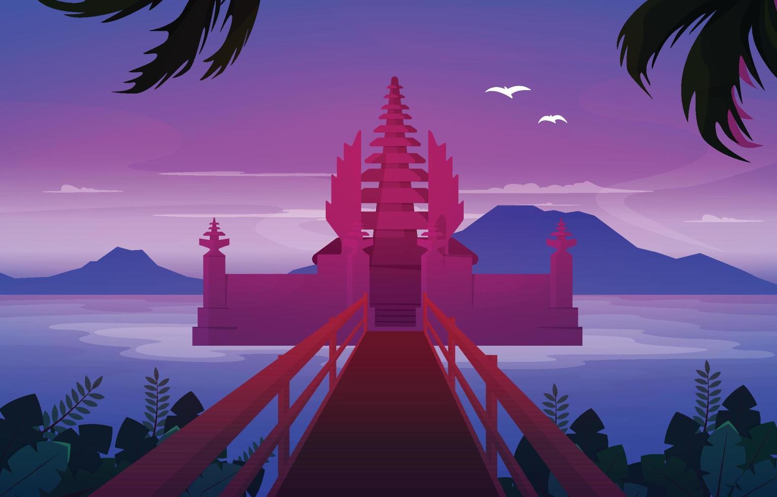 mar montaña templo beratan lago bedugul bali paisaje vista ilustración vector