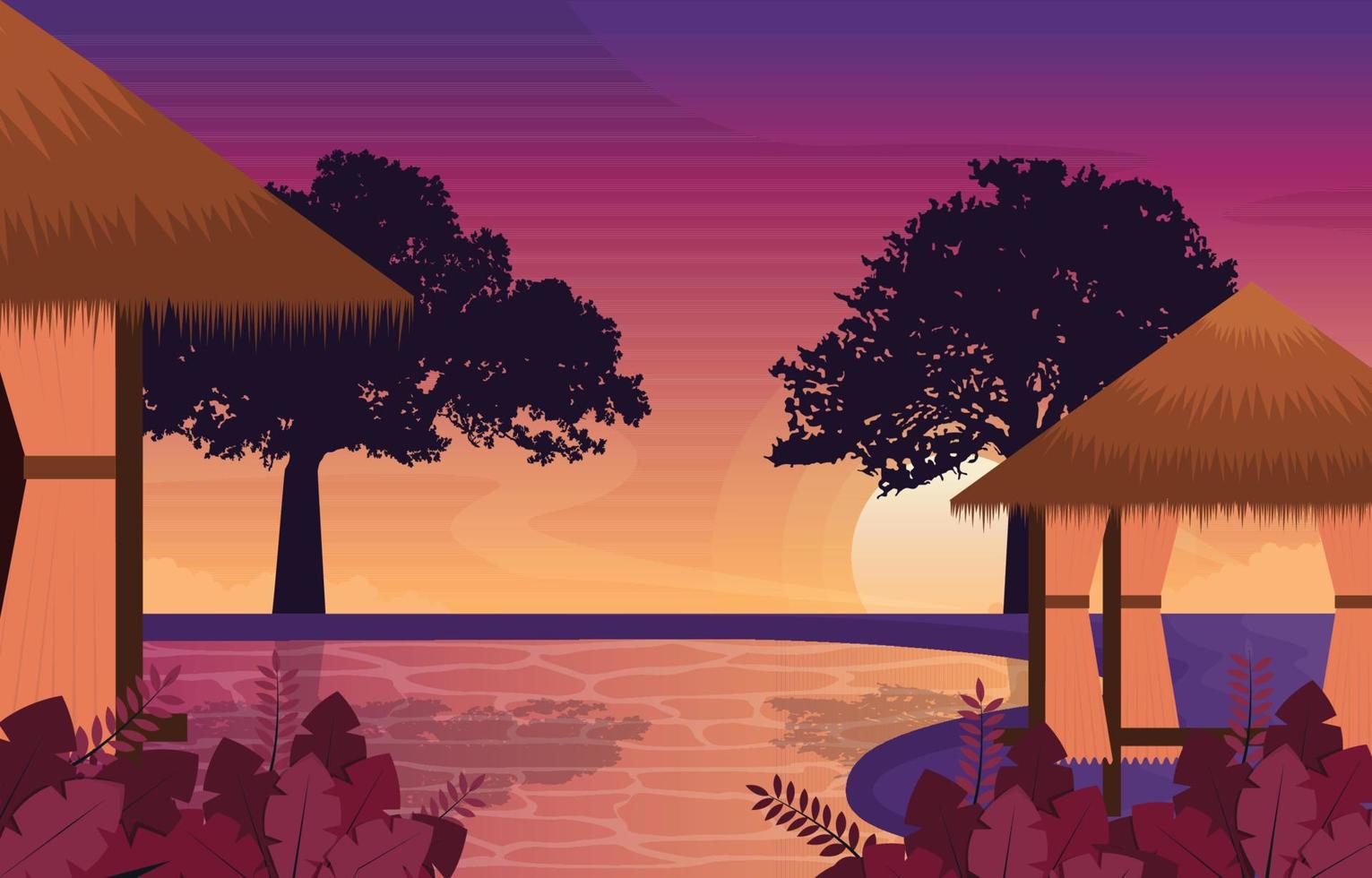 hermosa puesta de sol resort choza piscina bali vista del paisaje ilustración vector