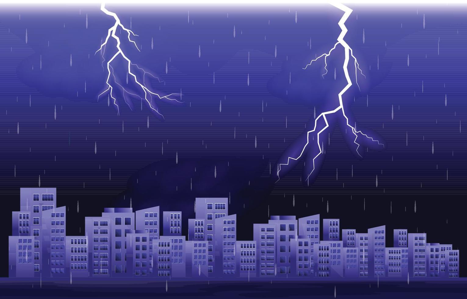 Thunder Storm Lightning Rainy Night City Building Skyline Cityscape Illustration vector