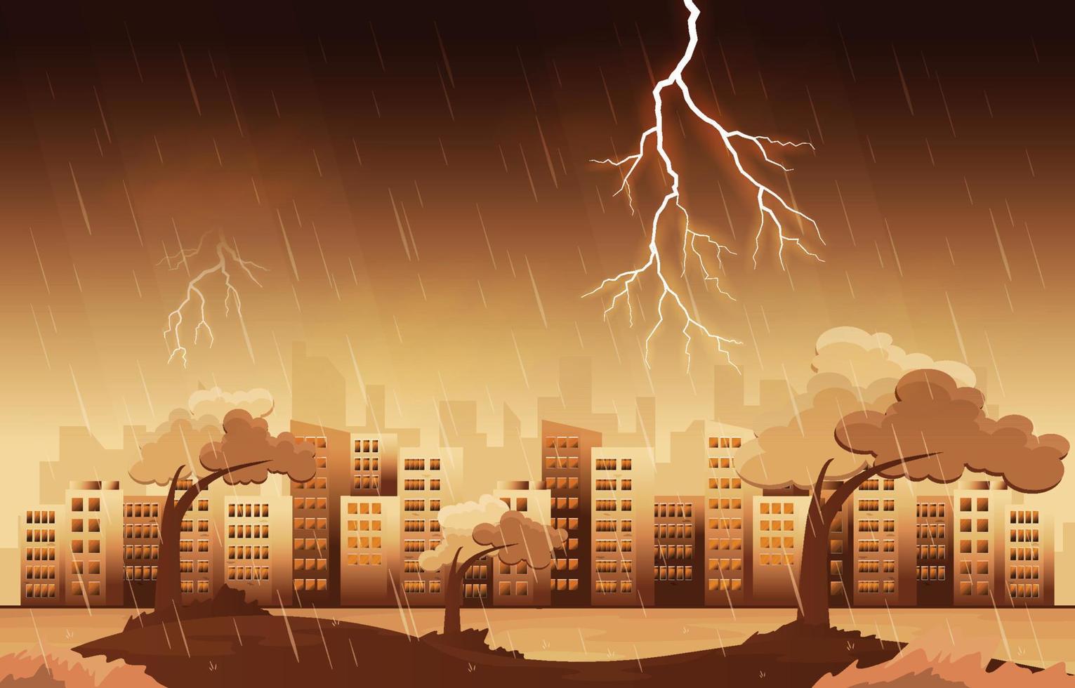 trueno tormenta relámpago fuerte lluvia ciudad edificio horizonte paisaje urbano ilustración vector