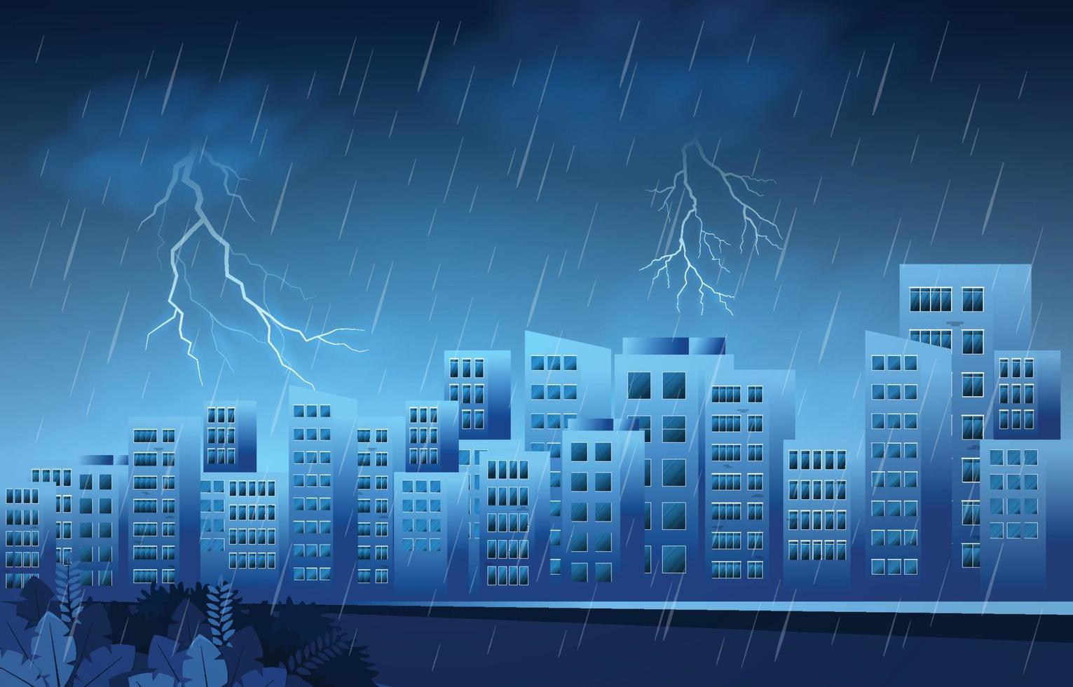 Thunder Storm Lightning Rainy Weather City Building Skyline Cityscape Illustration vector