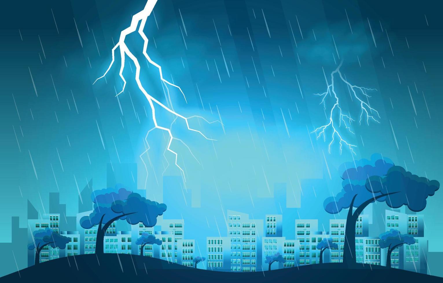 Thunder Storm Lightning Strike Heavy Rain City Building Skyline Cityscape Illustration vector