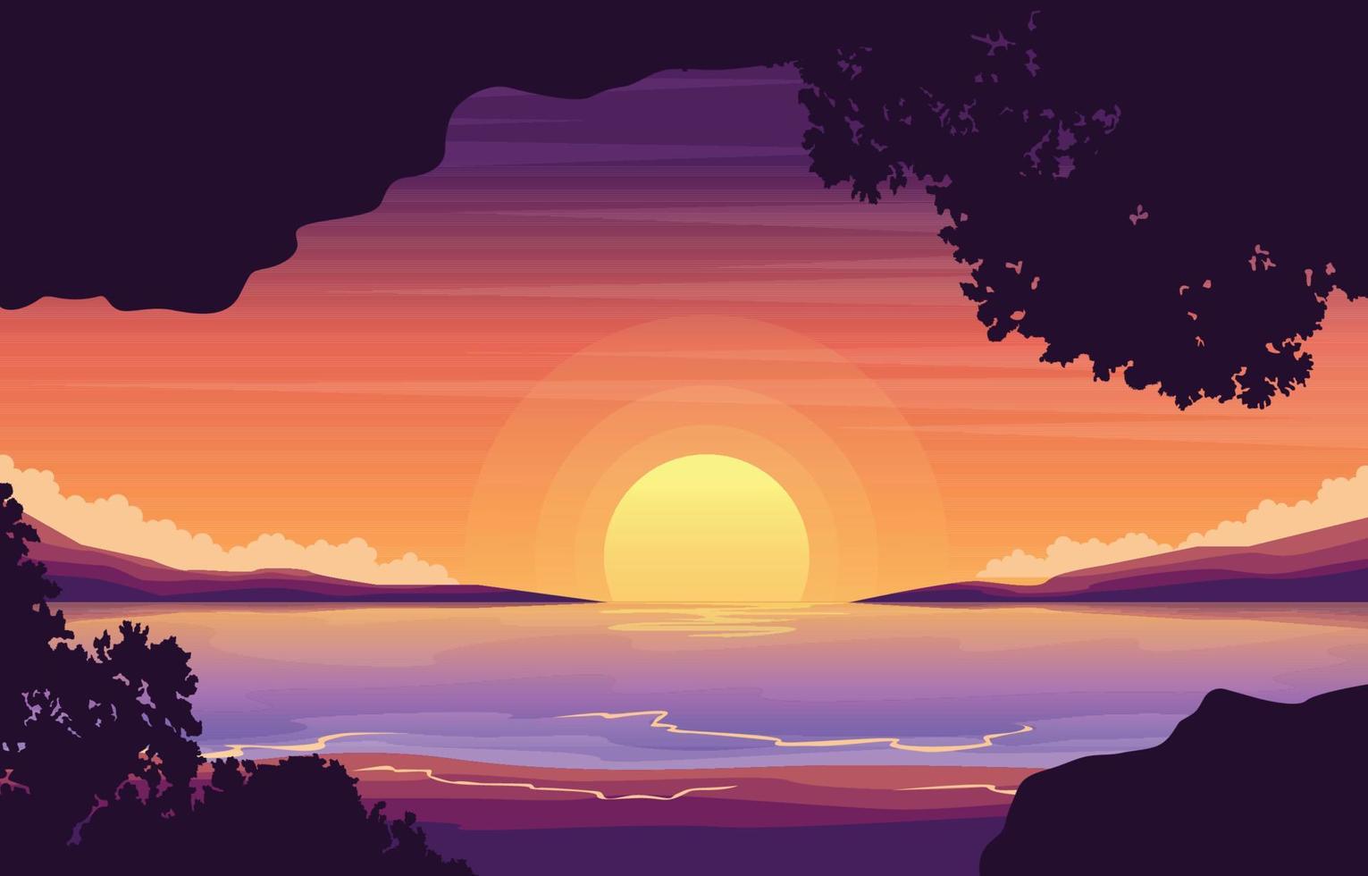 hermoso atardecer isla mar verde tazón bali paisaje vista ilustración vector