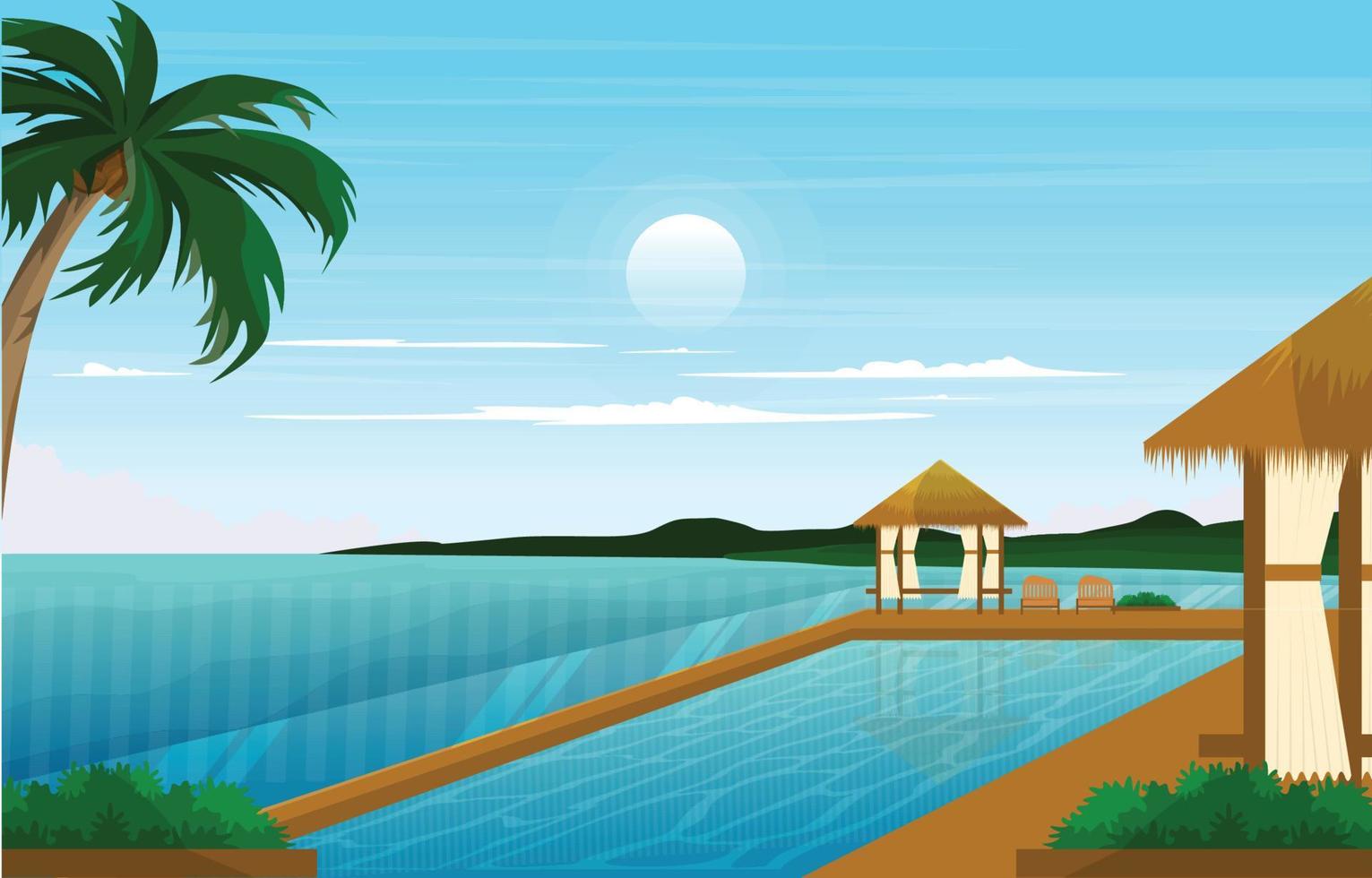 Resort Swimming Pool Travel Vacation Landscape View Bali Illustration vector
