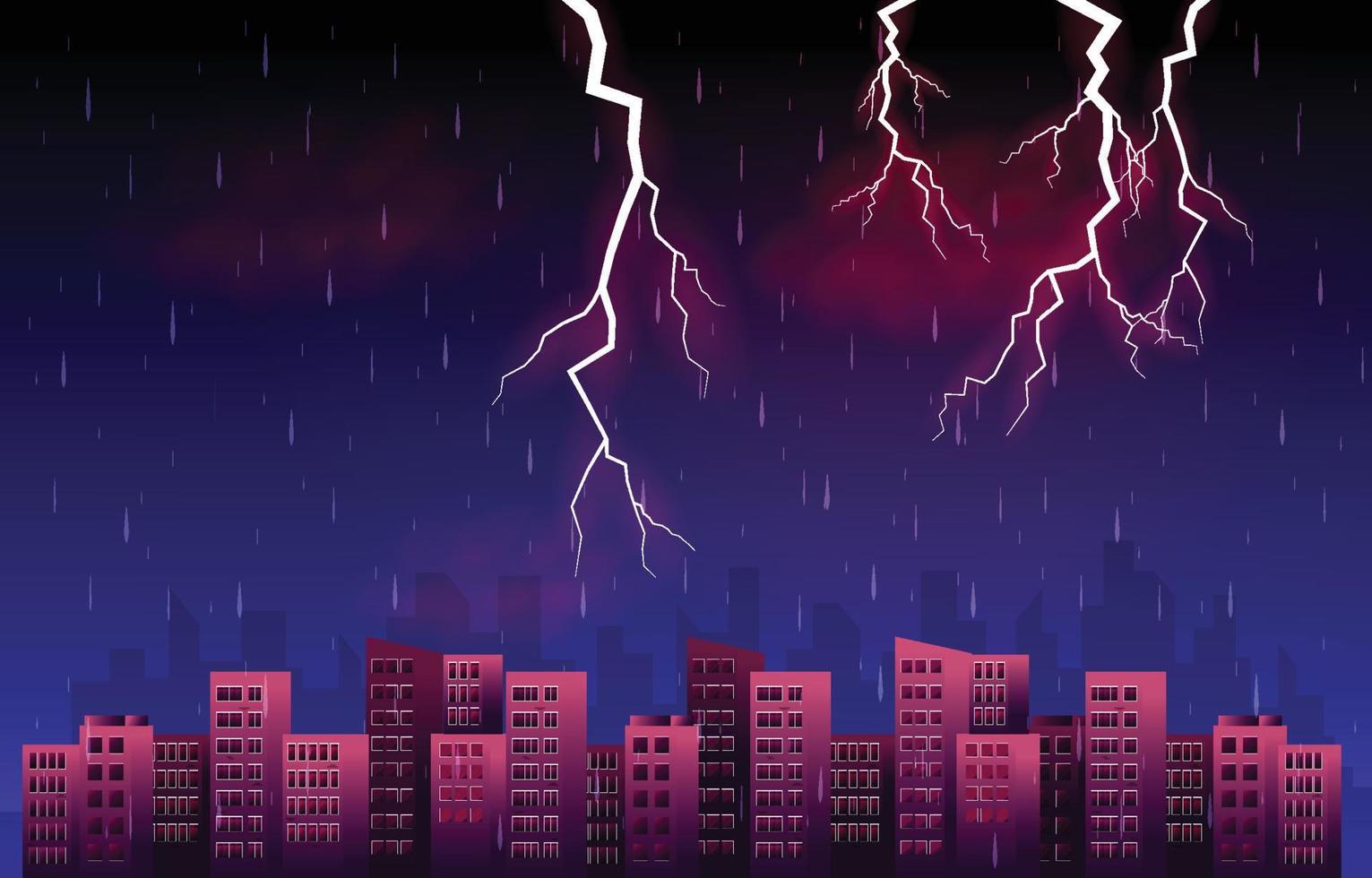 Thunder Storm Lightning Rainy Night City Building Skyline Cityscape Illustration vector