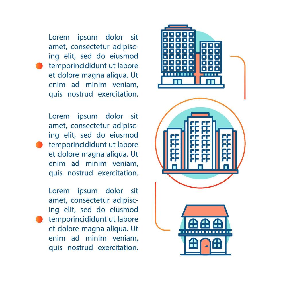 plantilla de vector de página de artículo de tipos de propiedad. condominio y casa adosada. folleto, revista, elemento de diseño de folleto con iconos lineales y cuadros de texto. diseño de impresión. ilustraciones conceptuales con espacio de texto