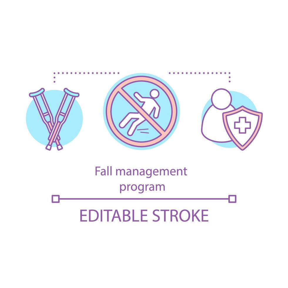 Fall management program concept icon. Healthcare idea thin line illustration. Rehabilitation treatment. Rehab clinic. Health insurance. First-aid. Vector isolated outline drawing. Editable stroke