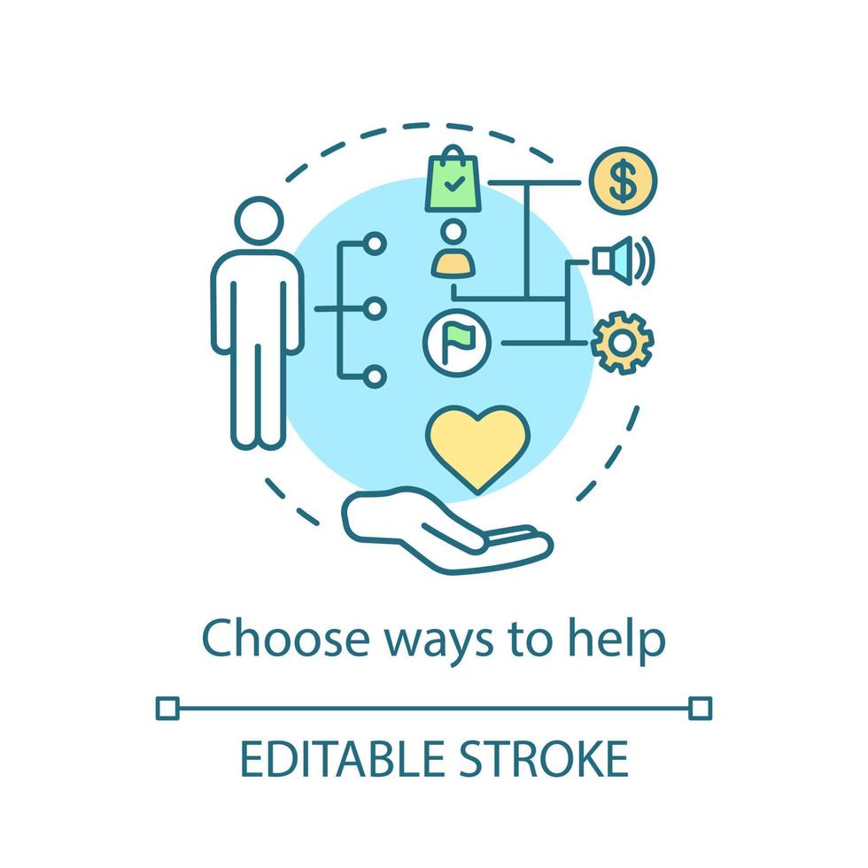 Choose ways to help concept icon. Volunteering organization. Social help. Charitable foundation. Volunteer program idea thin line illustration. Vector isolated outline drawing. Editable stroke