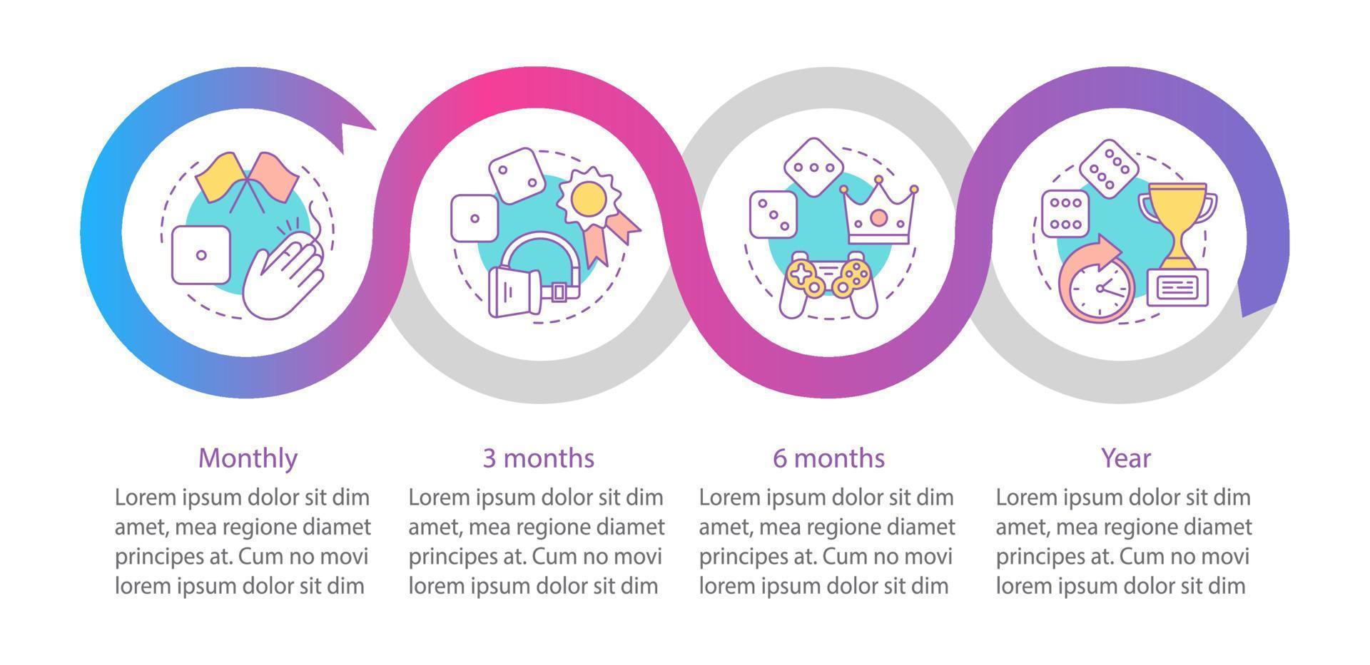 Gaming subscription vector infographic template. Pay to play. Virtual reality, gambling tariff plans. Data visualization with four steps and options. Process timeline chart. Workflow layout with icons