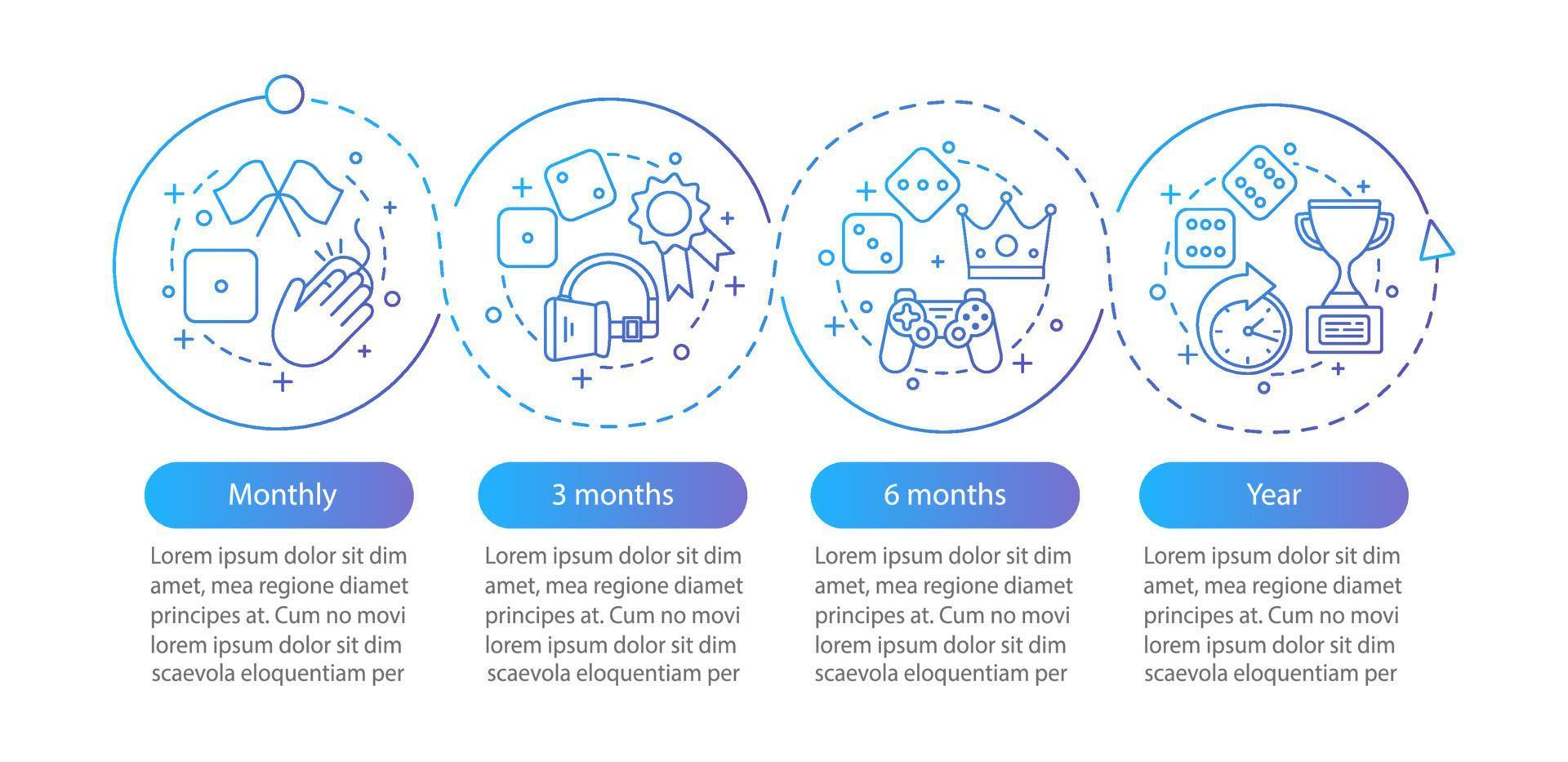 Gaming subscription vector infographic template. Pay to play. Virtual reality, gambling tariff plans. Data visualization with four steps and options. Process timeline chart. Workflow layout with icons