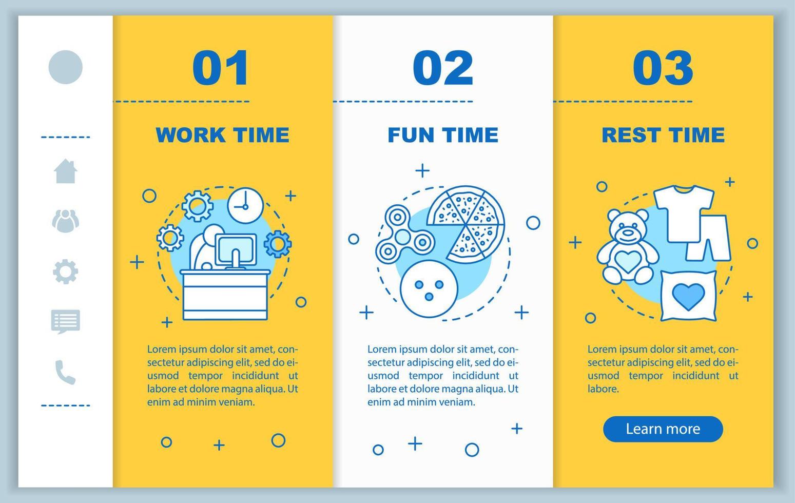 Time management onboarding mobile web pages vector template. Responsive smartphone website interface idea with linear illustrations. Work, rest time webpage walkthrough step screens. Color concept