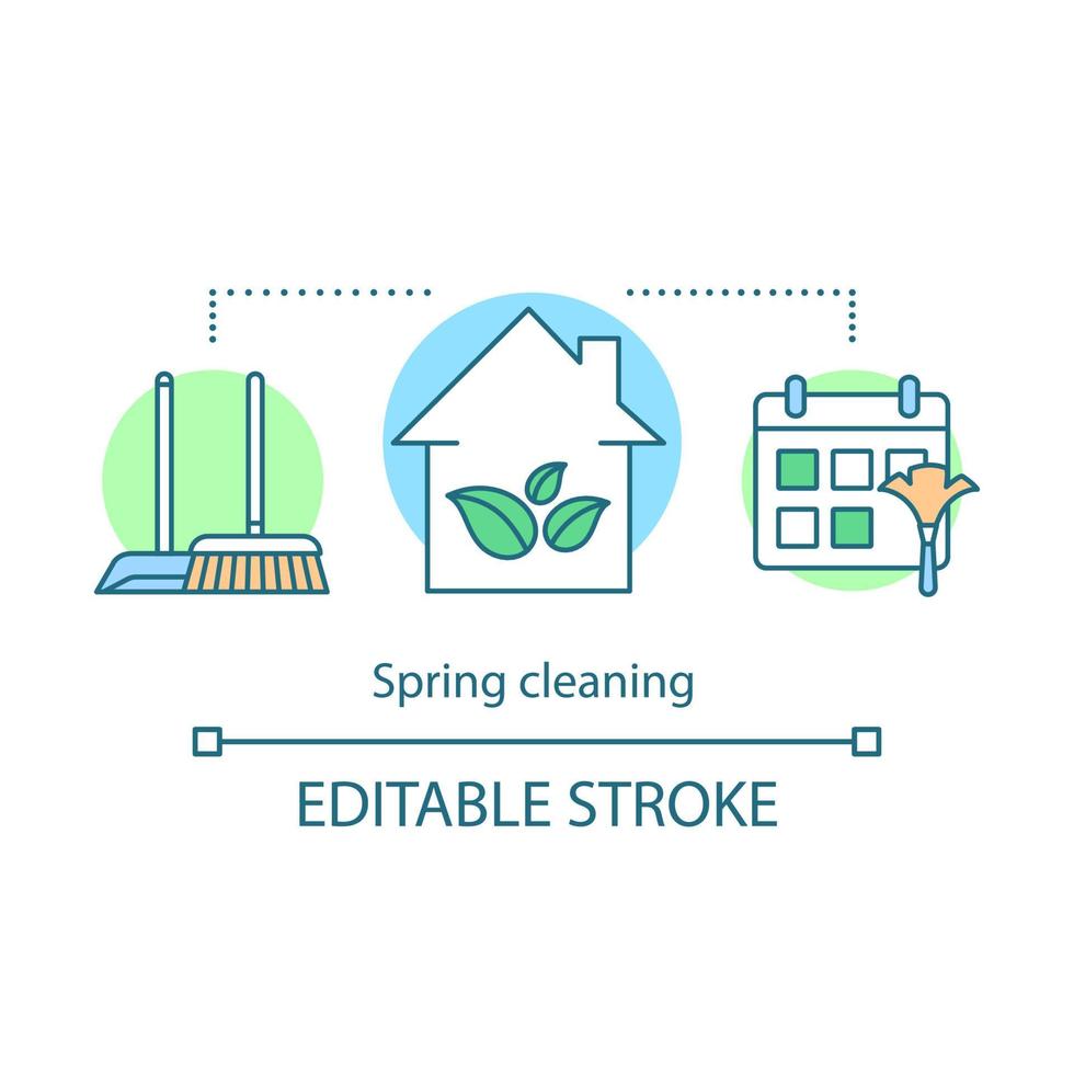 Spring cleaning concept icon. Cleaning services idea thin line illustration. Holiday cleaning. Sweeping, wiping. Housekeeping. House maintenance. Vector isolated outline drawing. Editable stroke