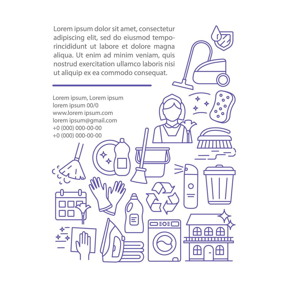 Cleaning service article page vector template. Vacuuming and ironing. Brochure, magazine, booklet design element with linear icons and text boxes. Print design. Concept illustrations with text space