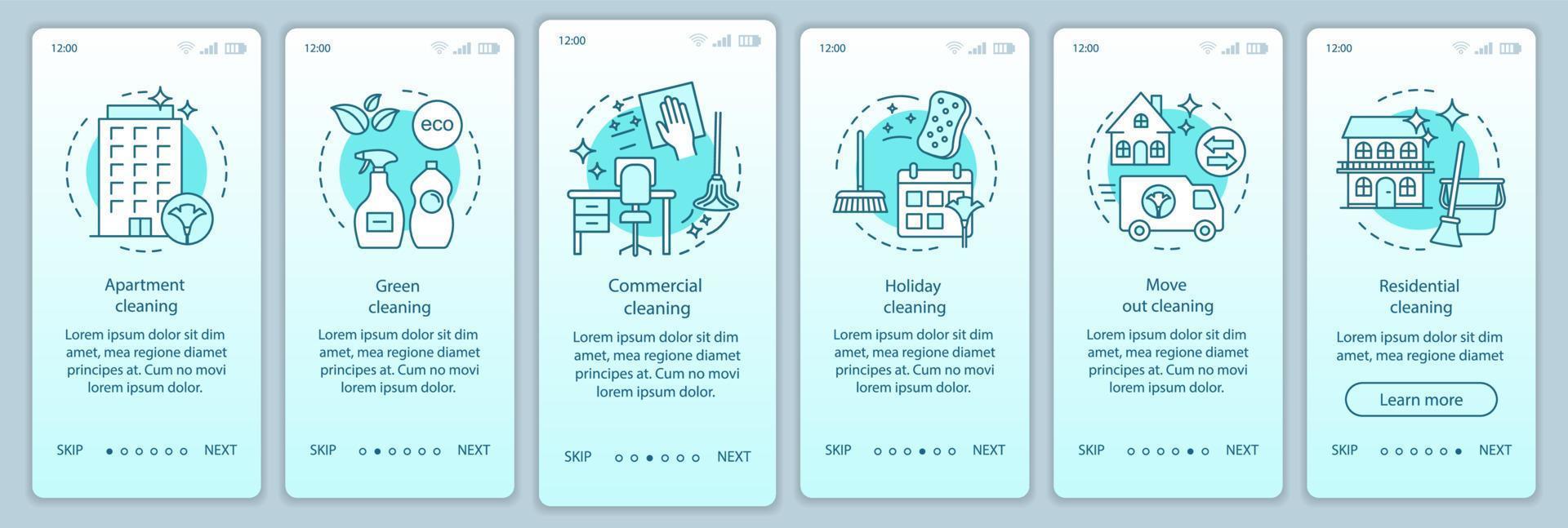Cleaning services onboarding mobile app page screen, linear concepts. Residential, green, move out cleanup. Six walkthrough steps graphic instructions. UX, UI, GUI vector template with illustrations