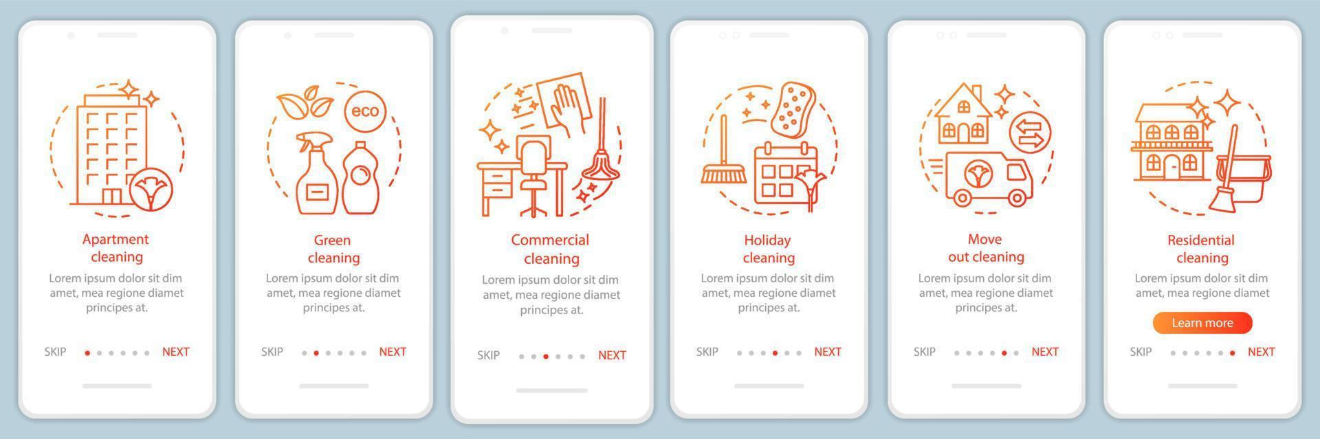 Cleaning services onboarding mobile app page screen, linear concepts. Six walkthrough steps graphic instructions. Holiday, commercial, green cleanup. UX, UI, GUI vector template with illustrations