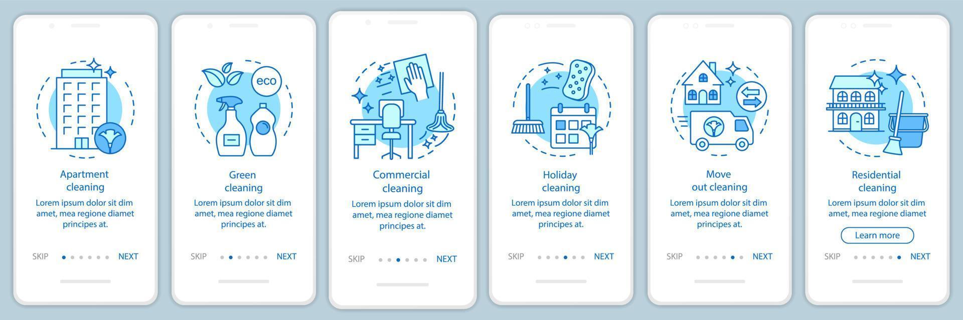 servicios de limpieza que incorporan la pantalla de la página de la aplicación móvil, conceptos lineales. instrucciones gráficas de seis pasos de recorrido. vacaciones, verde, mudanza limpieza. ux, ui, plantilla vectorial gui con ilustraciones vector