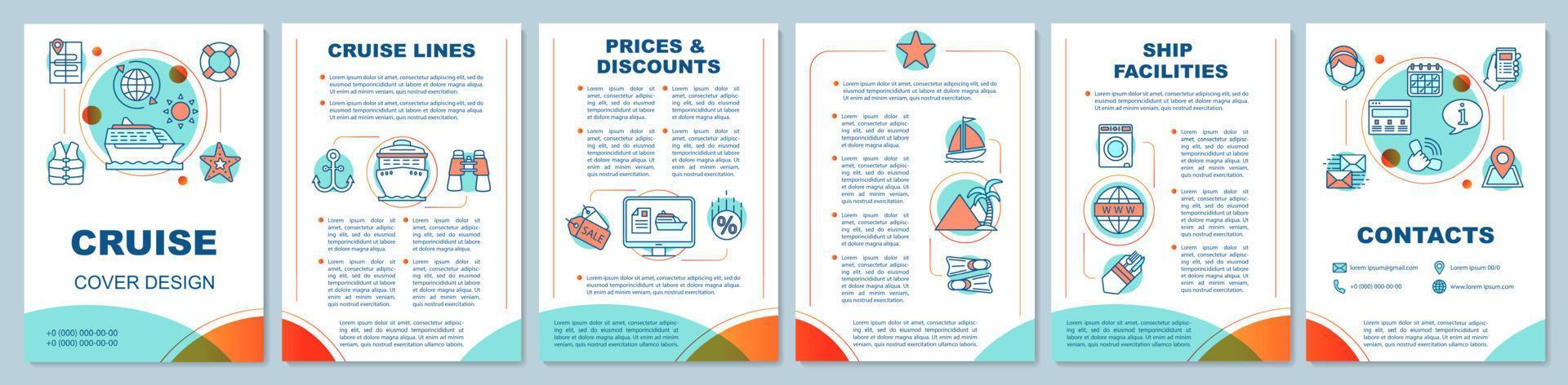 Cruise brochure template layout. Voyage, journey, trip. Travel agency. Flyer, leaflet print design with linear illustrations. Vector page layouts for magazines, annual reports, advertising posters