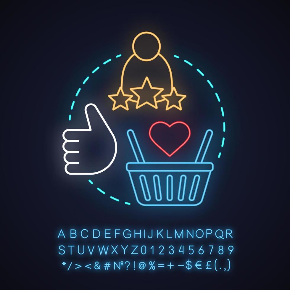 Customer satisfaction neon light concept icon. Positive feedback idea. Ranking, rating. Glowing sign with alphabet, numbers and symbols. Vector isolated illustration