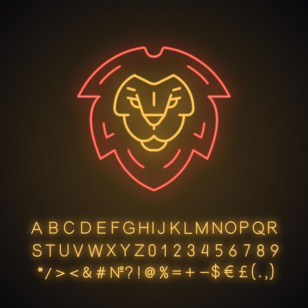 Lion head symbol neon light icon. Leo king. Lion shield logo. Element for the brand identity. Glowing sign with alphabet, numbers and symbols. Vector isolated illustration