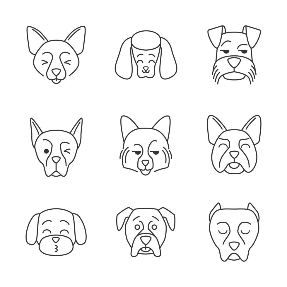 Dogs cute kawaii linear characters. Thin line icon set. Laughing Border Collie and French Bulldog. Winking Doberman. Animals with smiling muzzles. Vector isolated outline illustration. Editable stroke