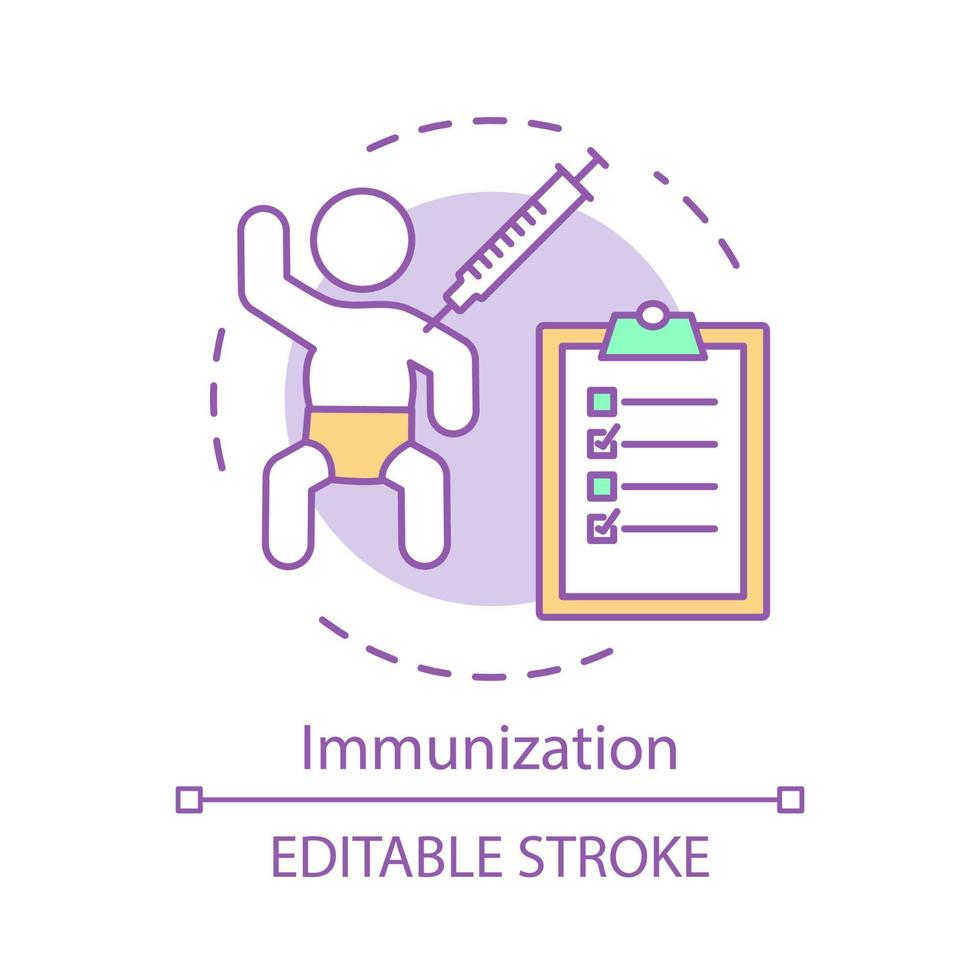 Immunization concept icon. Immune system protection. Kid vaccine. Active and passive immunisation. Vaccination idea thin line illustration. Vector isolated outline drawing. Editable stroke