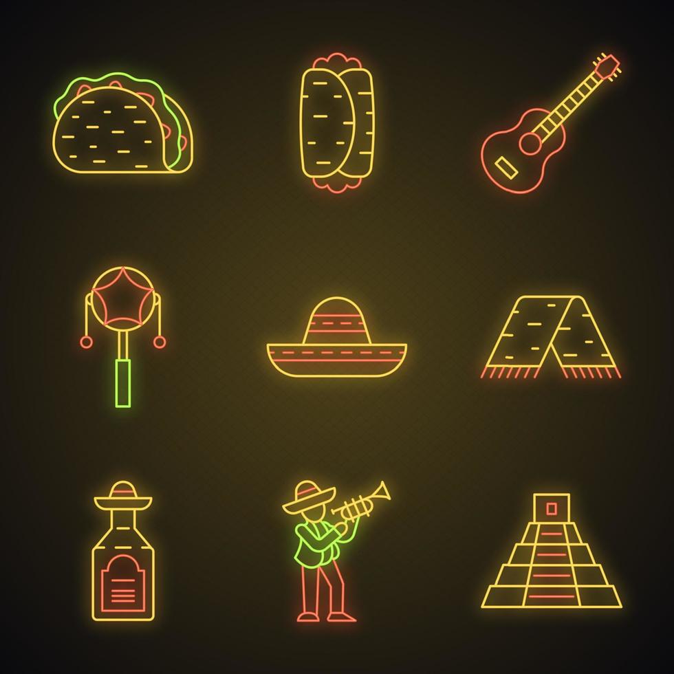 Mexican neon light icons set. Cinco de Mayo. Traditional food, drink, music, clothes, attractions. Taco, burrito, guitar, drum, pyramid, sombrero, serape. Glowing signs. Vector isolated illustrations