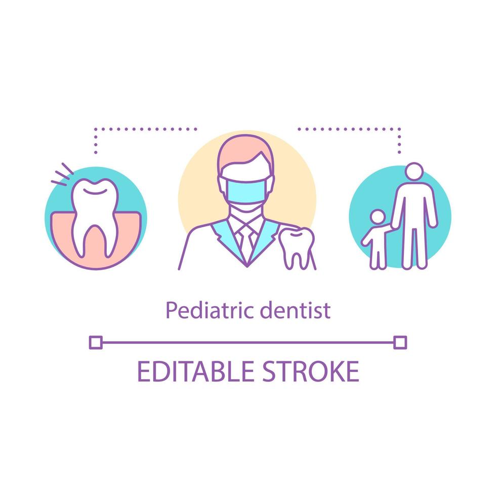 Pediatric dentist concept icon. Orthodontist. Caries prevention. Dental care. Surgical dentistry. Children dental clinic idea thin line illustration. Vector isolated outline drawing. Editable stroke